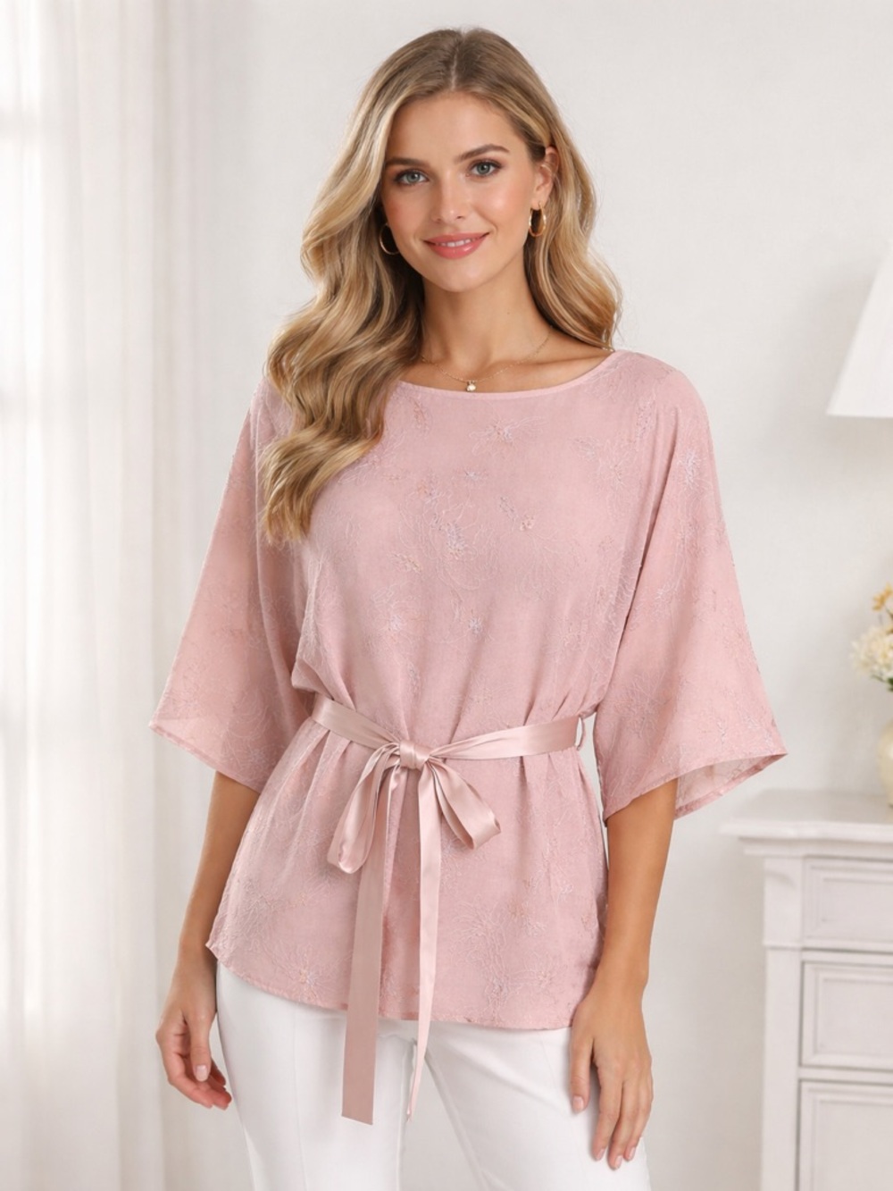 Draper's & Damon's Pink Silk Floral Embroidered Beaded Blouse with Satin Belt